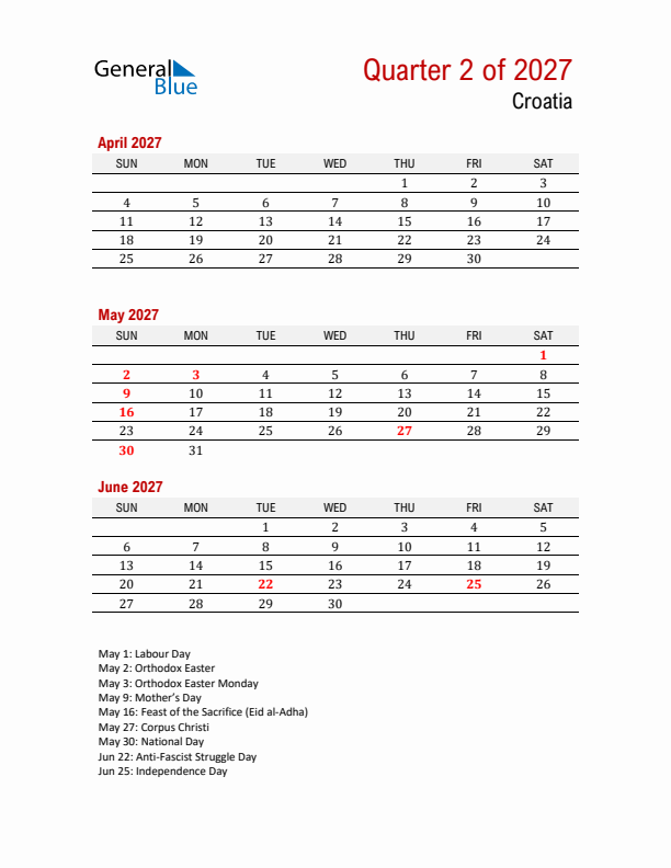 Printable Three Month Calendar with Croatia Holidays