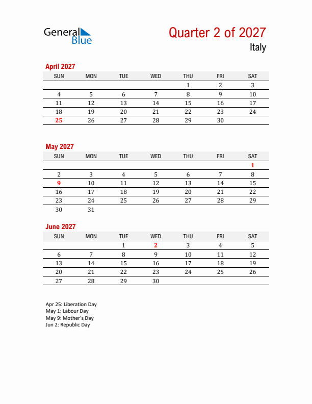 Printable Three Month Calendar with Italy Holidays