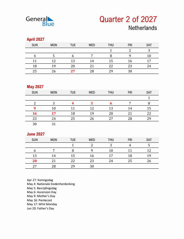 Printable Three Month Calendar with The Netherlands Holidays