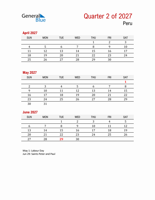 Printable Three Month Calendar with Peru Holidays