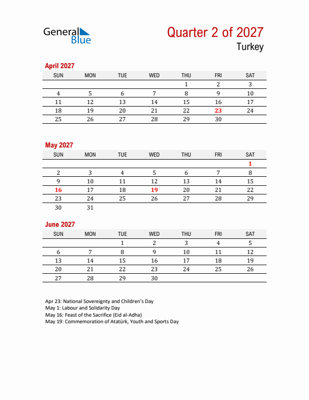 Printable Three Month Calendar with Turkey Holidays