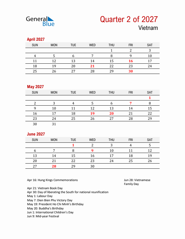 Printable Three Month Calendar with Vietnam Holidays