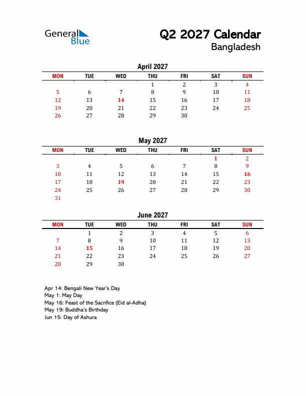 2027 Q2 Calendar with Holidays List for Bangladesh