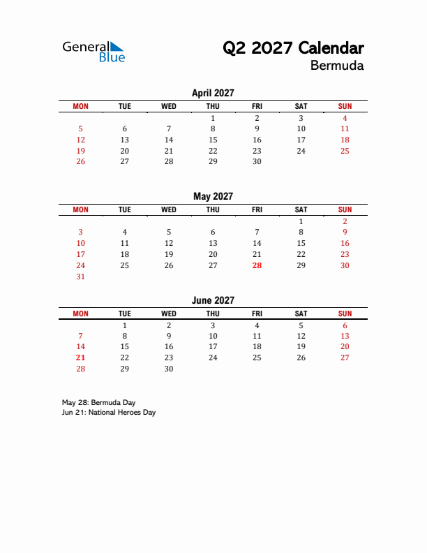 2027 Q2 Calendar with Holidays List for Bermuda