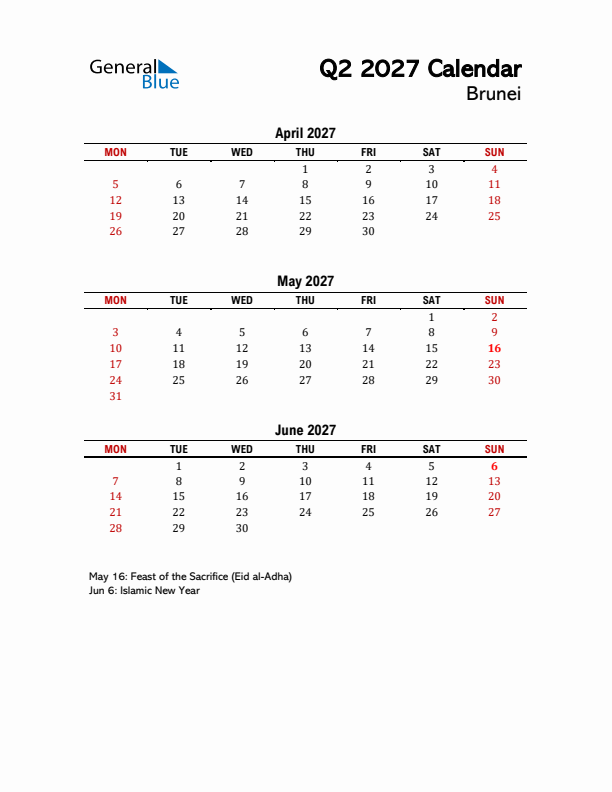 2027 Q2 Calendar with Holidays List for Brunei