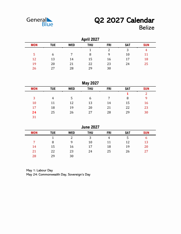 2027 Q2 Calendar with Holidays List for Belize