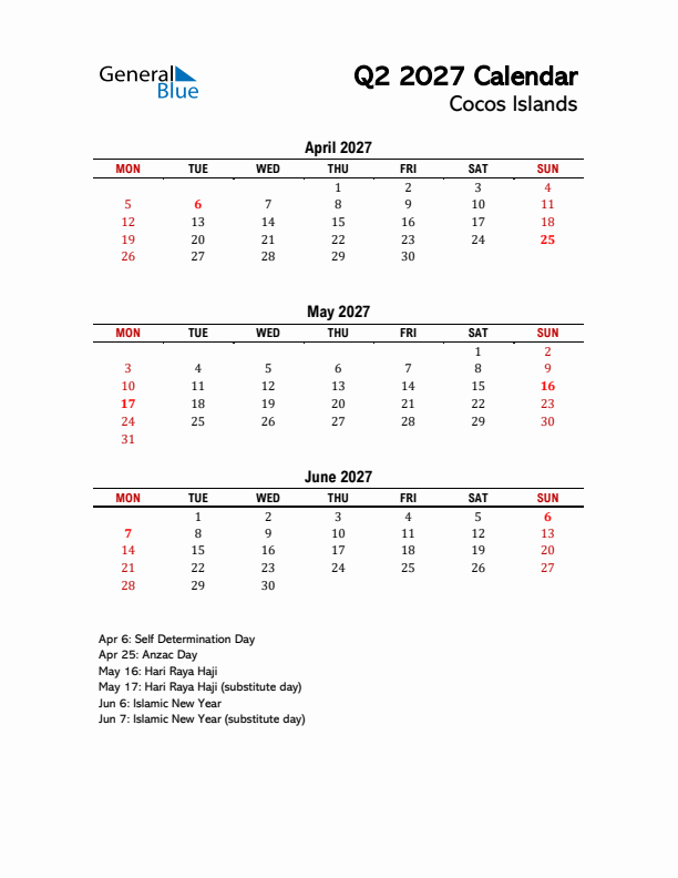 2027 Q2 Calendar with Holidays List for Cocos Islands