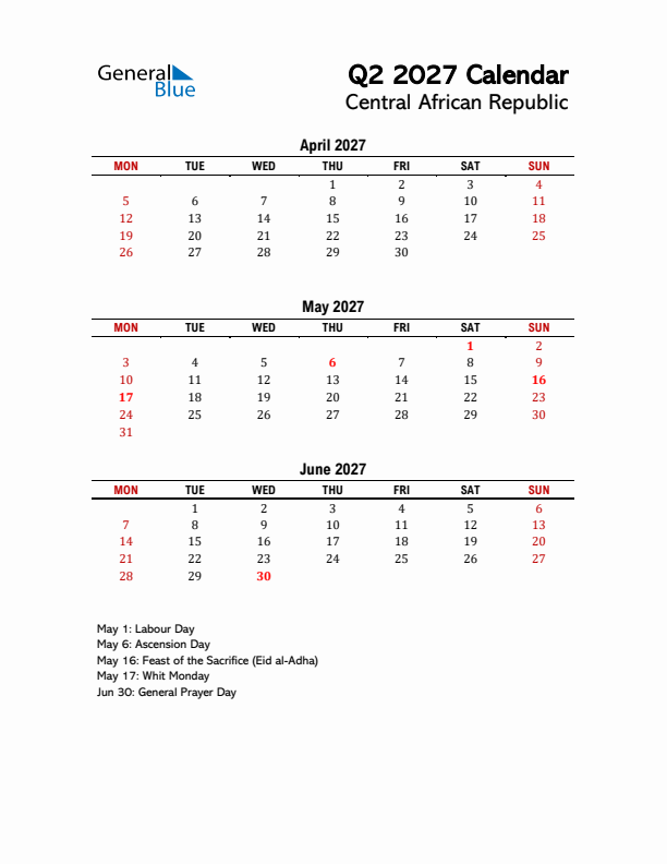 2027 Q2 Calendar with Holidays List for Central African Republic