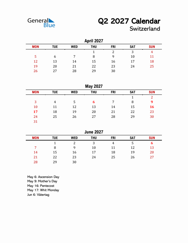 2027 Q2 Calendar with Holidays List for Switzerland