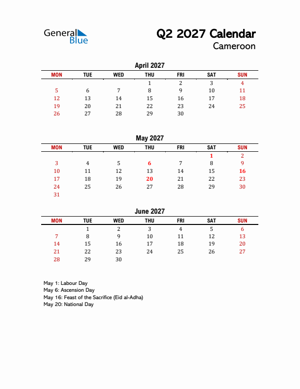 2027 Q2 Calendar with Holidays List for Cameroon