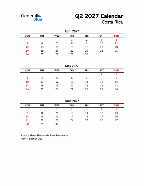 2027 Q2 Calendar with Holidays List for Costa Rica