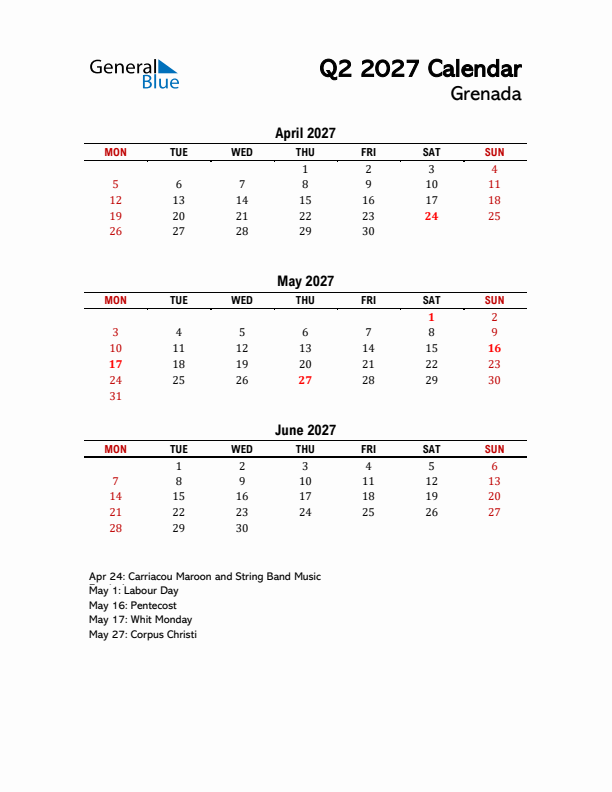 2027 Q2 Calendar with Holidays List for Grenada