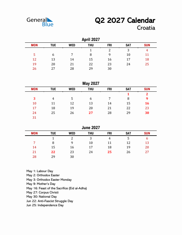 2027 Q2 Calendar with Holidays List for Croatia