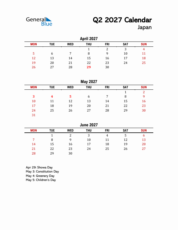 2027 Q2 Calendar with Holidays List for Japan