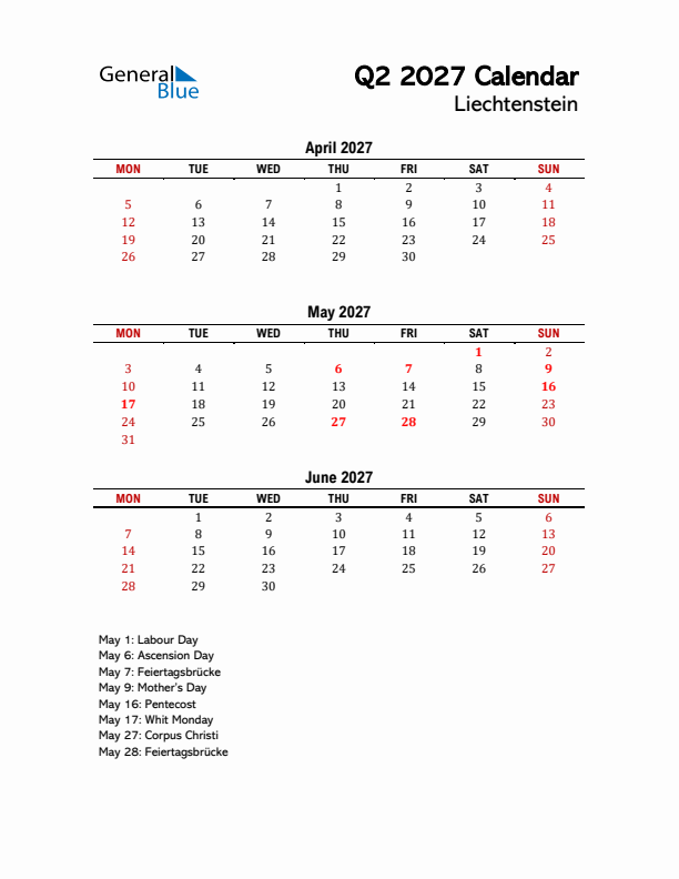 2027 Q2 Calendar with Holidays List for Liechtenstein