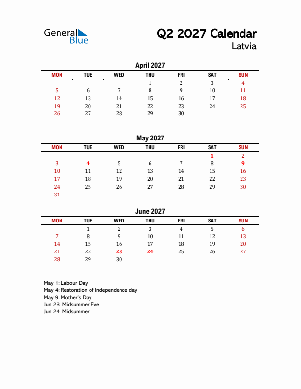 2027 Q2 Calendar with Holidays List for Latvia