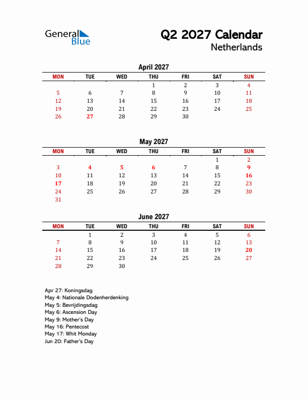 2027 Q2 Calendar with Holidays List for The Netherlands