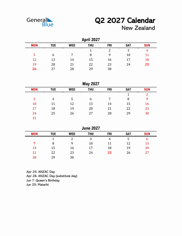 2027 Q2 Calendar with Holidays List for New Zealand