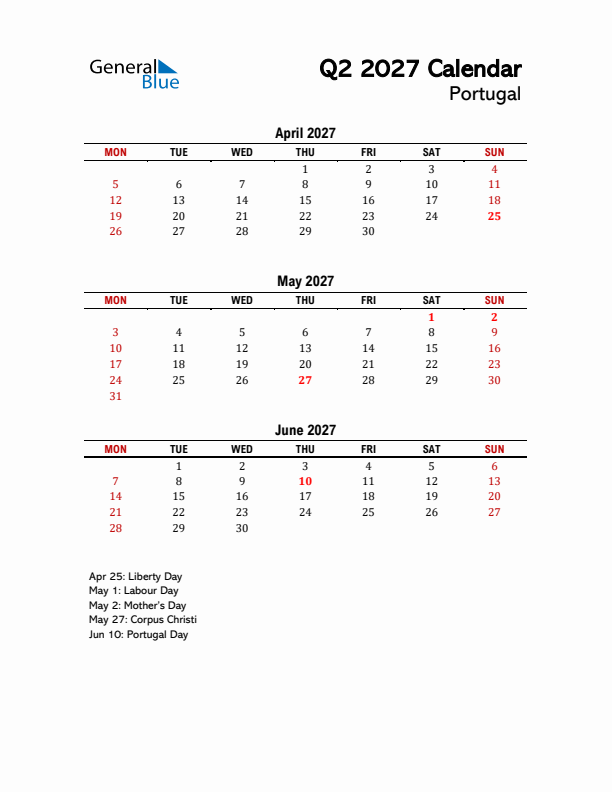 2027 Q2 Calendar with Holidays List for Portugal