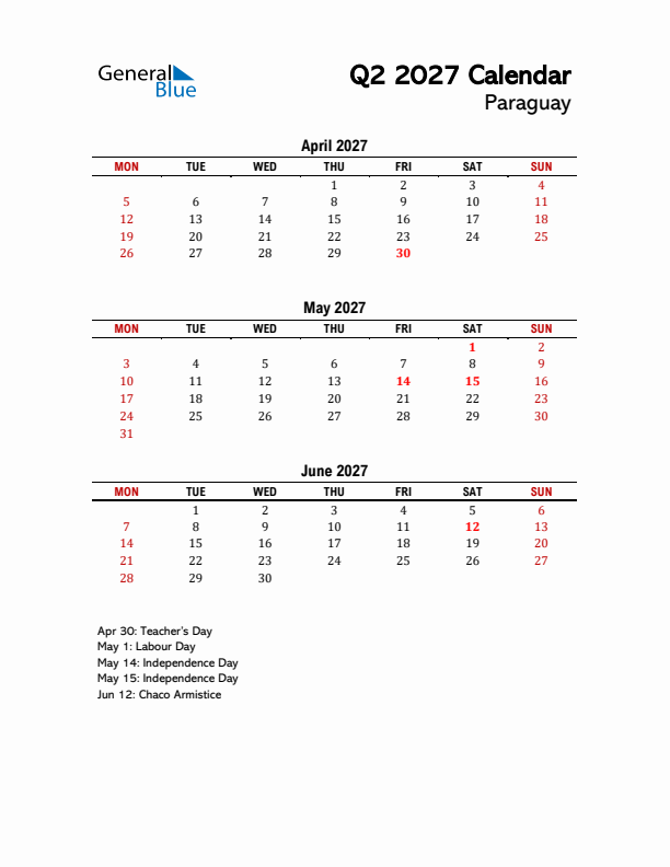 2027 Q2 Calendar with Holidays List for Paraguay