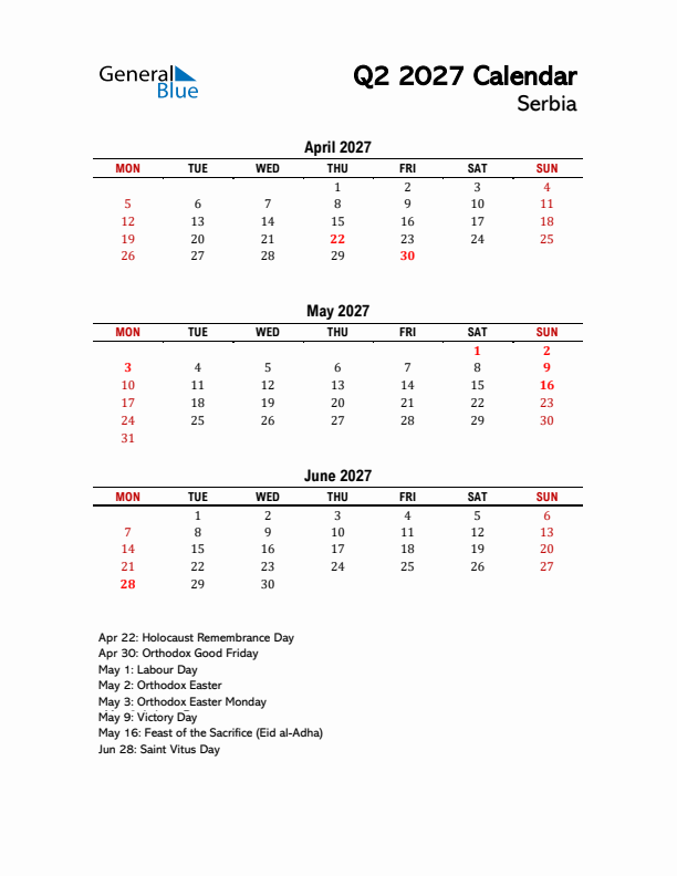 2027 Q2 Calendar with Holidays List for Serbia