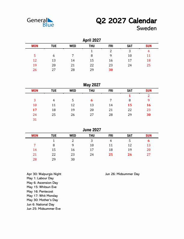 2027 Q2 Calendar with Holidays List for Sweden