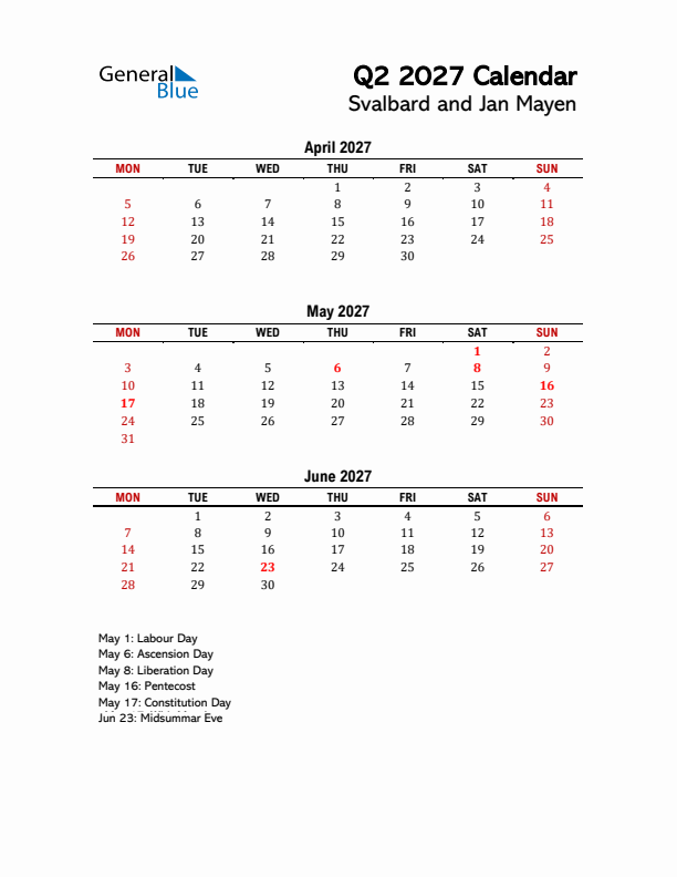 2027 Q2 Calendar with Holidays List for Svalbard and Jan Mayen