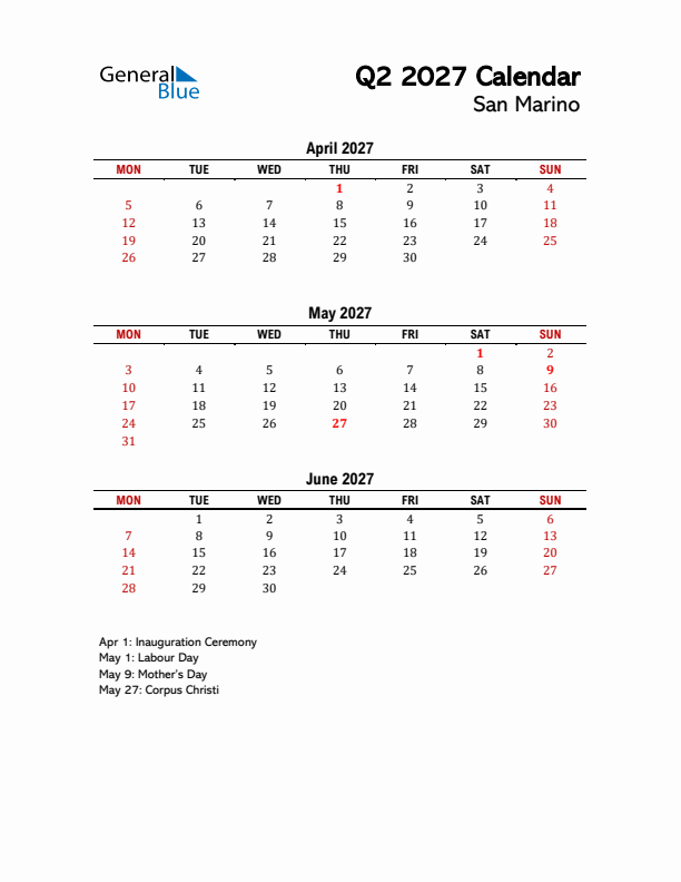 2027 Q2 Calendar with Holidays List for San Marino