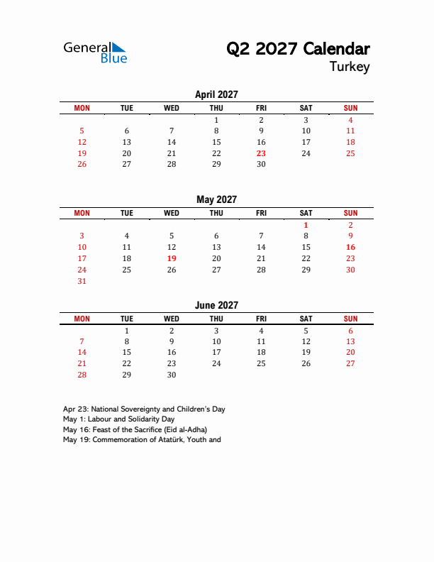 2027 Q2 Calendar with Holidays List for Turkey