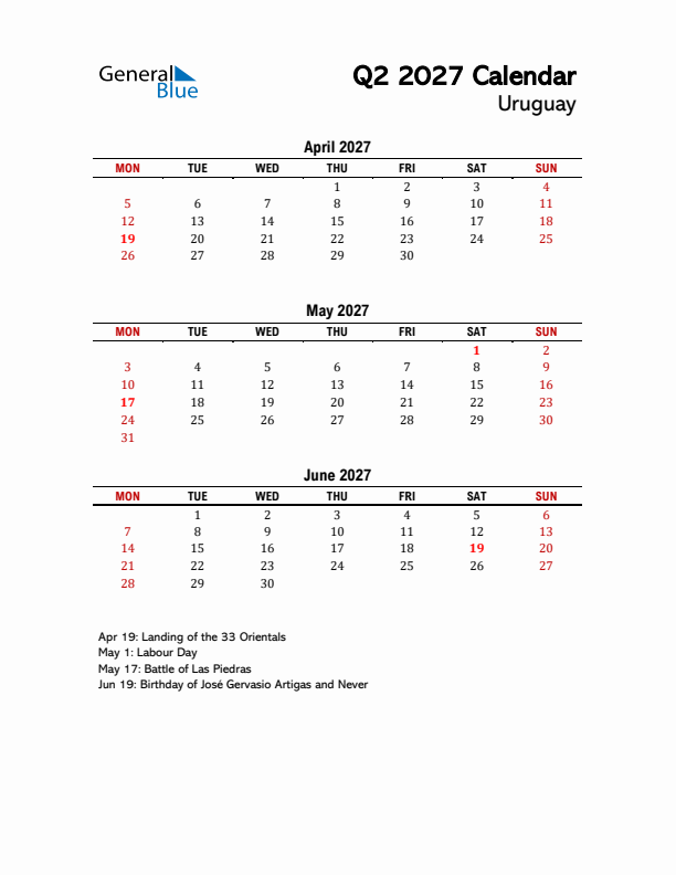 2027 Q2 Calendar with Holidays List for Uruguay