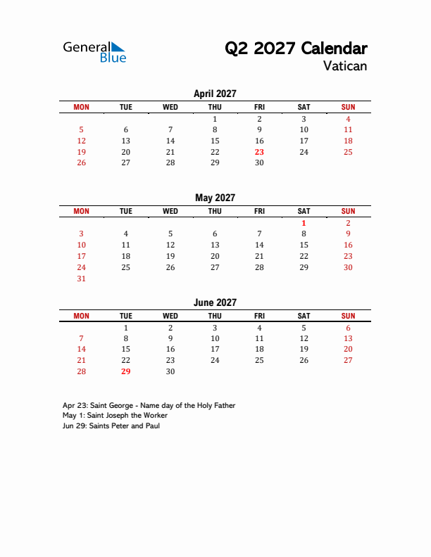 2027 Q2 Calendar with Holidays List for Vatican