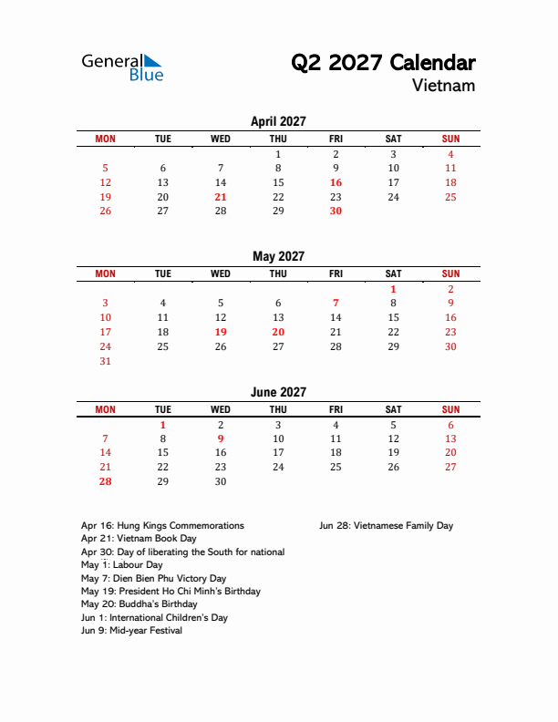 2027 Q2 Calendar with Holidays List for Vietnam