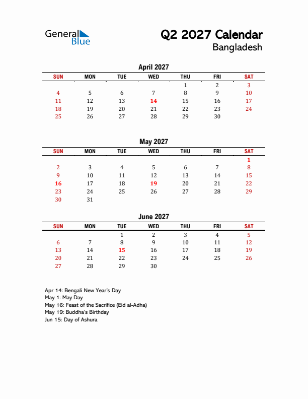 2027 Q2 Calendar with Holidays List for Bangladesh