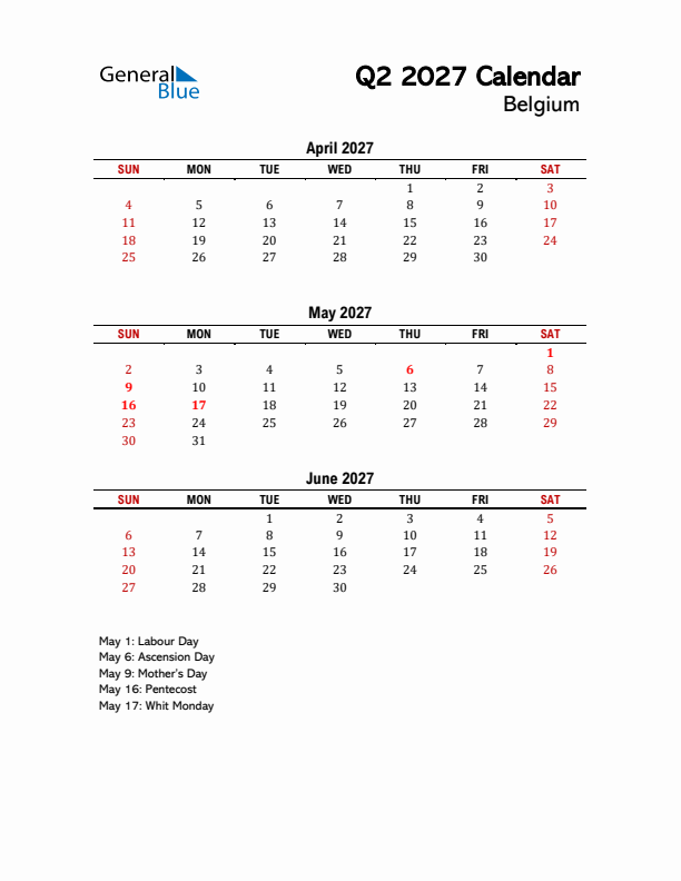 2027 Q2 Calendar with Holidays List for Belgium