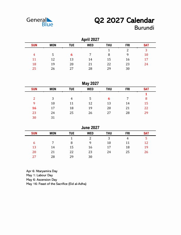 2027 Q2 Calendar with Holidays List for Burundi