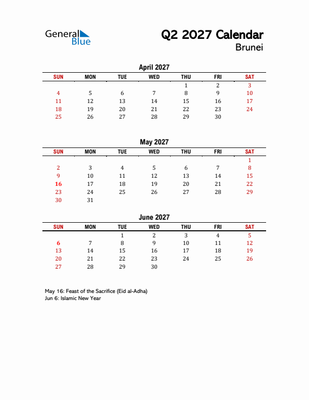 2027 Q2 Calendar with Holidays List for Brunei