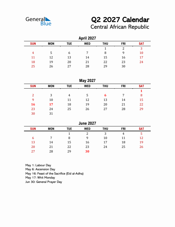 2027 Q2 Calendar with Holidays List for Central African Republic