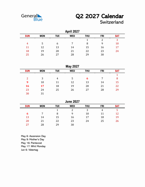 2027 Q2 Calendar with Holidays List for Switzerland