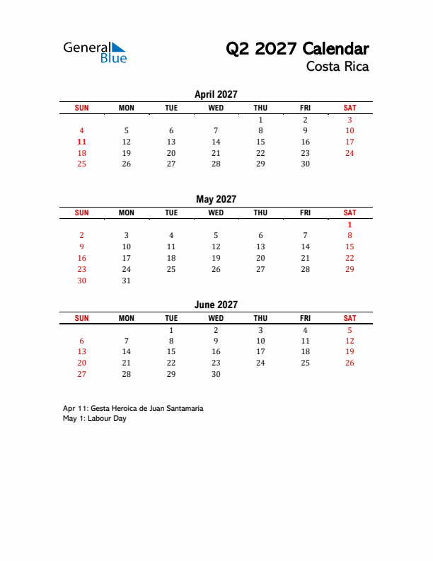 2027 Q2 Calendar with Holidays List for Costa Rica