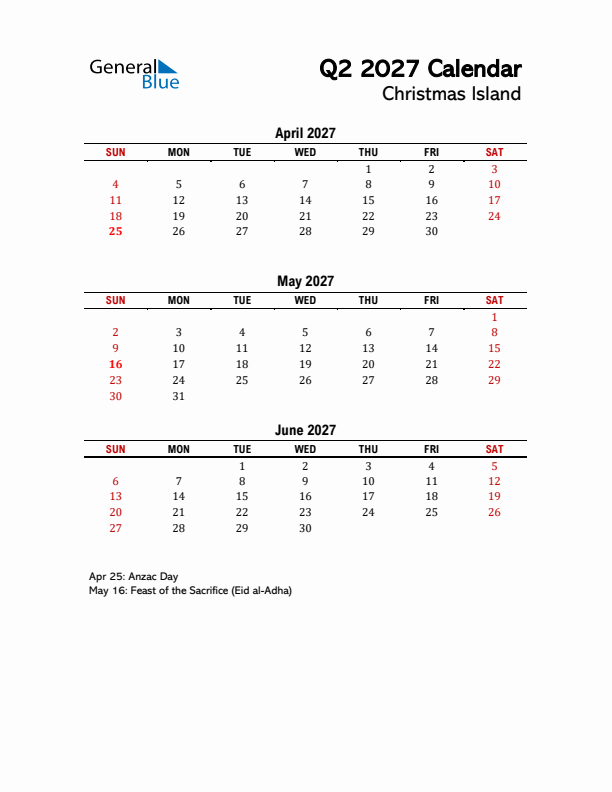 2027 Q2 Calendar with Holidays List for Christmas Island