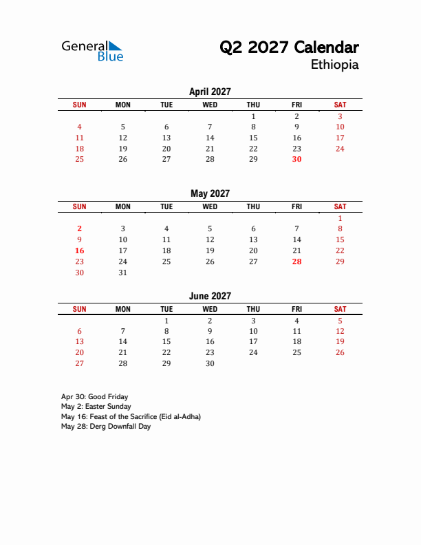 2027 Q2 Calendar with Holidays List for Ethiopia