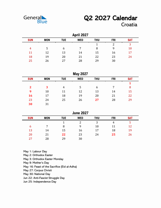 2027 Q2 Calendar with Holidays List for Croatia