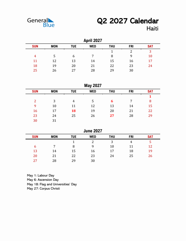 2027 Q2 Calendar with Holidays List for Haiti