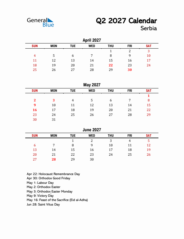 2027 Q2 Calendar with Holidays List for Serbia