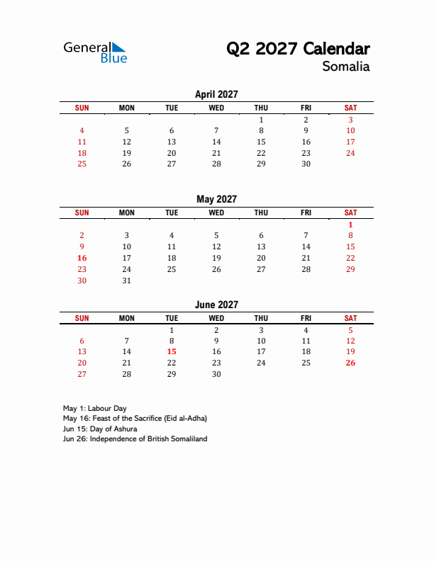 2027 Q2 Calendar with Holidays List for Somalia