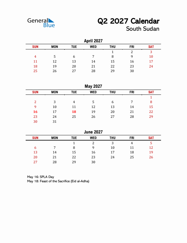 2027 Q2 Calendar with Holidays List for South Sudan