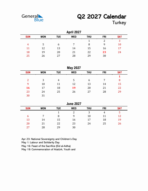 2027 Q2 Calendar with Holidays List for Turkey