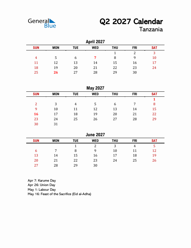 2027 Q2 Calendar with Holidays List for Tanzania