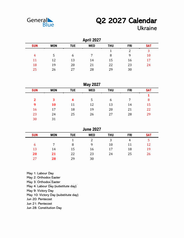 2027 Q2 Calendar with Holidays List for Ukraine