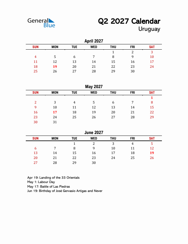 2027 Q2 Calendar with Holidays List for Uruguay